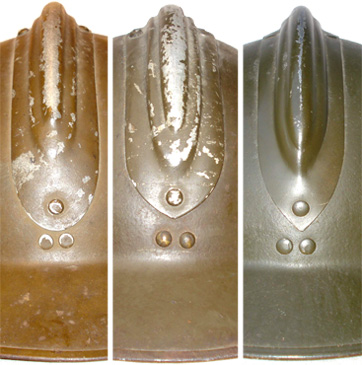 Pointe arrière des cimiers, de g. à dr. : ronde, ogivale, pointue. Pointe arrière des cimiers, de g. à dr. : ronde, ogivale, pointue.