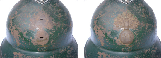 L'avant du cimier est à 105 mm de la visière, l'attribut est au centre de l'espace dégagé. L'avant du cimier est à 105 mm de la visière, l'attribut est au centre de l'espace dégagé.